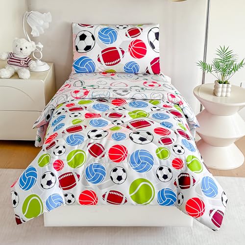 Image of Tailor Shop 4 Pieces Toddler Bedding for Boys Toddler Basketball Football Baseball Comforter Includes Quilted Comforter Fitted Sheet Top Sheet and Pillow Case