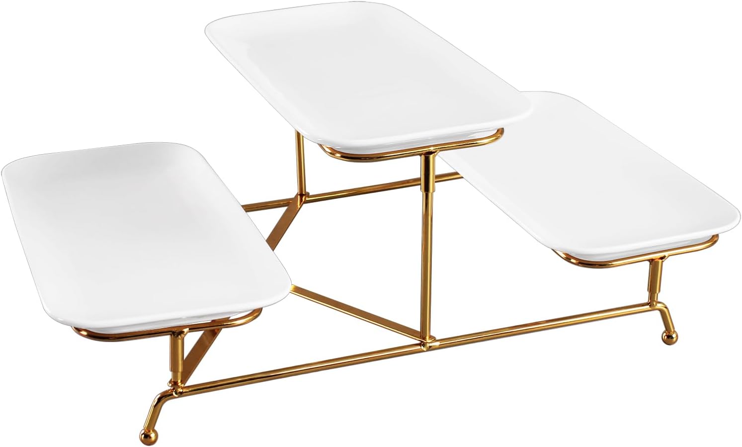 3 Tier Serving Trays for Party, 12.2 Inch Porcelain Serving Platters and Tiered Trays, Foldable Sturdy Gold Stand, for Food Display, Fruit, Cake Dessert, Decoration Entertaining, White