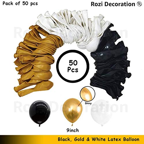 Image of Rozi Decoration Party Balloons Metallic HD for Birthday, Anniversary, Baby Shower Black, White and Gold - Pack of 100