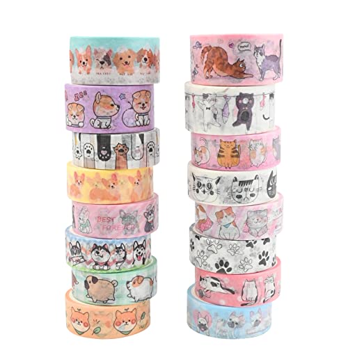 16 Rollos Washi Tape Set Lindo Mascotas Cinta Adhesiva Decorativa Kawaii Perro Gato Cinta Decorativa Washi Pegatinas Estéticas Washi Cinta Pastel para Scrapbooking Manualidades Envoltorio de Regalo