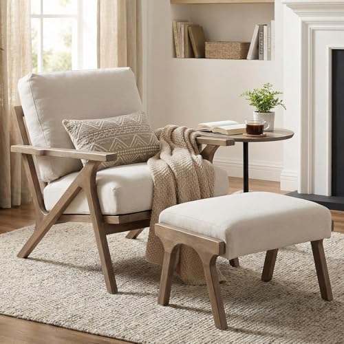 HNY Mid Century Modern Accent Chair with Ottoman, Farmhouse Linen Upholstered Living Room Armchair and Ottoman Set, 23