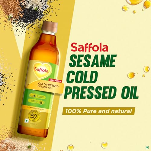 Image of Saffola Cold Pressed Sesame Oil | 100% Cold Pressed Sesame Seed Oil | Unrefined, 0 trans fat, Chemical free | Helps Lower Cholesterol, Goodness of Omega 6 & Authentic Seed Flavour | 1L Pet Bottle