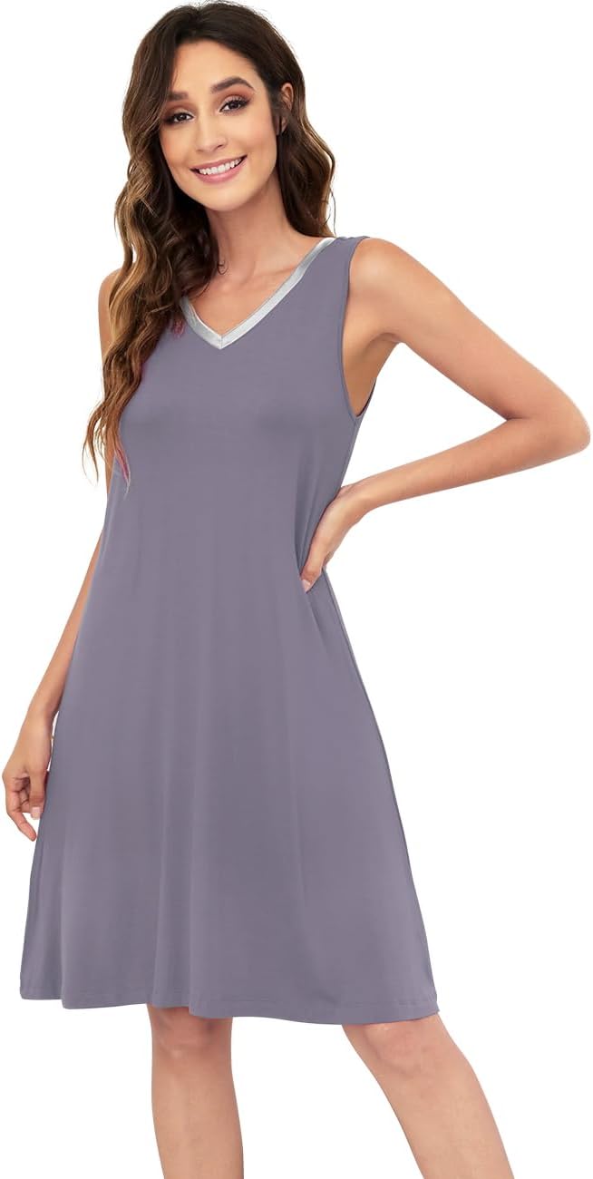 WiWi Nightgown for Women Super Soft Sleeveless Sleepwear Cool V-neck Sleep Shirts Bamboo Viscose Pj Gown S-4X