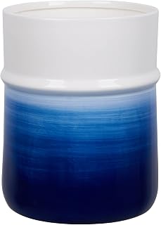 Decorative Round Small Trash Can Wastebasket, Garbage Container Bin for Bathrooms, Powder Rooms, Kitchens, Home Offices-Hand Painted Navy Blue，Ceramic