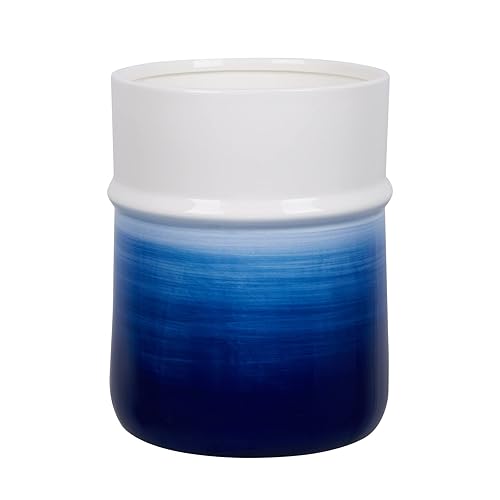 Cubo de basura decorativo redondo pequeño, contenedor de basura para baños, tocadores, cocinas, oficinas en casa, pintado a mano, azul marino,