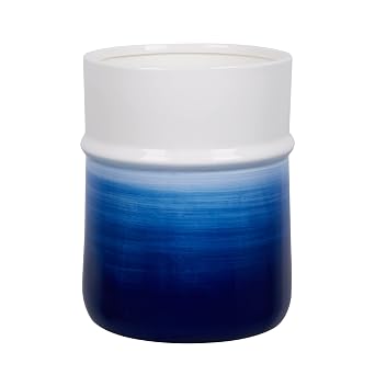 Decorative Round Small Trash Can Wastebasket, Garbage Container Bin for Bathrooms, Powder Rooms, Kitchens, Home Offices-Hand Painted Navy Blue,Ceramic