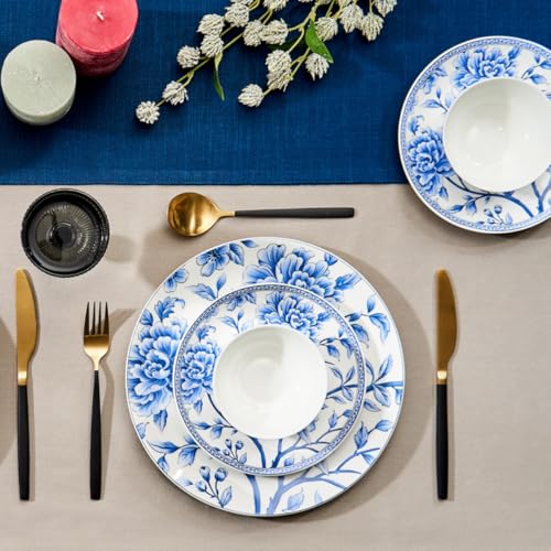 Image of GOLDEN QUEEN'S Bone China 18 Piece Floral Dinner Set - Serving 6 | Perfect for Hosting and Daily Meals | Microwave Safe | Includes 6 Dinner Plates, 6 Small Bowls & 6 Side Plates - Sapphire Bloom