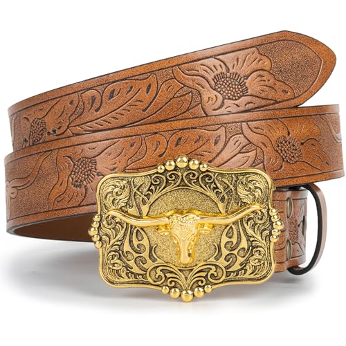 Image of UTOWO Rodeo Western-Longhorn-Bull Cowboy-Belt for Women-Men Bull-Floral-Embossed PU-Leather Cowgirl Waist Belt for Jeans