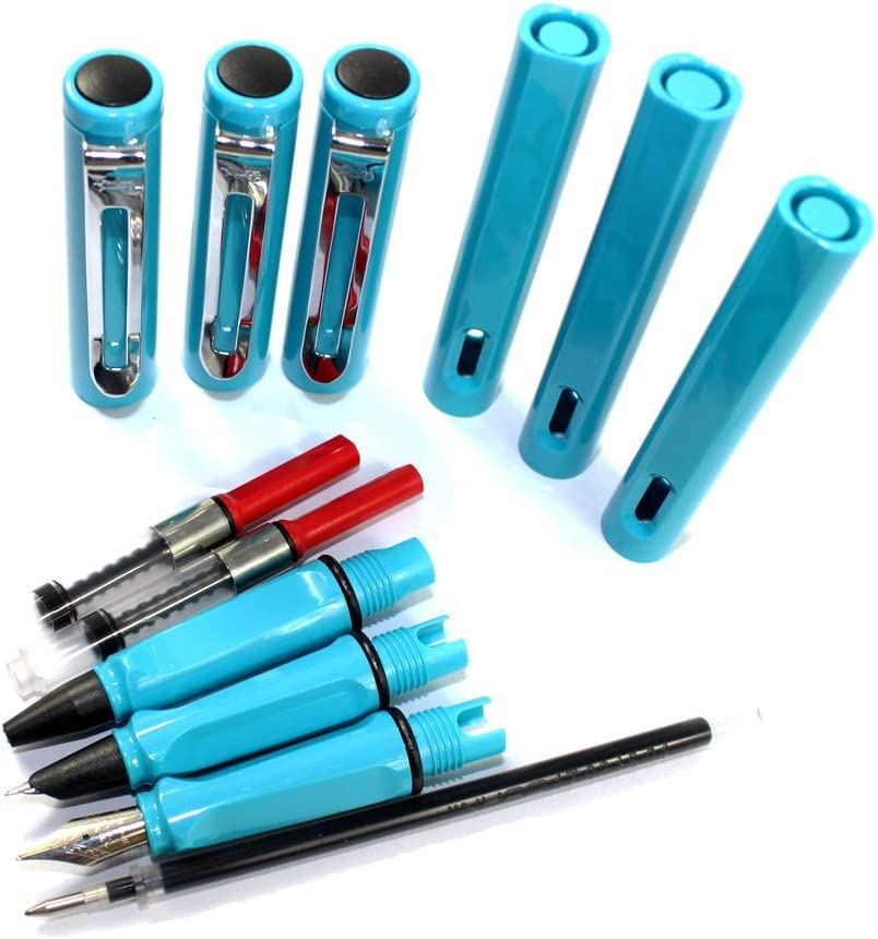 Stifte, Gelschreiber, Kugelschreiber, 3 Stück Kunststoffstifte, 1 Stück Füllfederhalter, 1 Stück feine Feder und 1 Stück Tintenroller mit Stiftbox – Gelb (Farbe: Himmelblau)