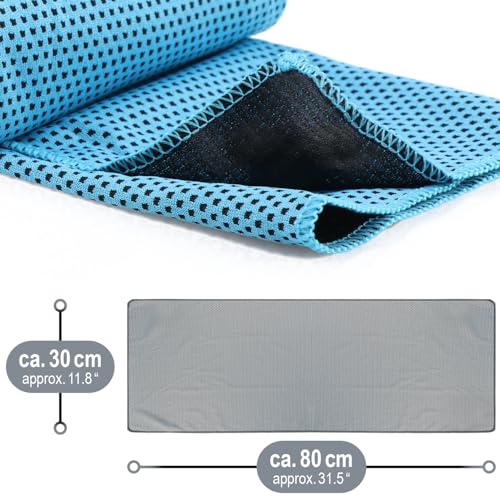 com-four® 2X Kühlhandtuch in Flasche - Cooling Towel Kühltuch - kühlendes Tuch bei Hitze, Müdigkeit, Anstrengung, Sport, Sonnenbrand, Verbrennungen oder Insektenstichen, Camping (2X Tuch - blau/grau)