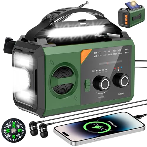 30000mAh Bluetooth Radio Solaire, Batterie Externe Solaire Radio AM/FM 3 Façons de Charger 8 en 1 Portable d'urgence, SOS, Lampe de Poche, Boussole, Lampe de Lecture, Prise Casque