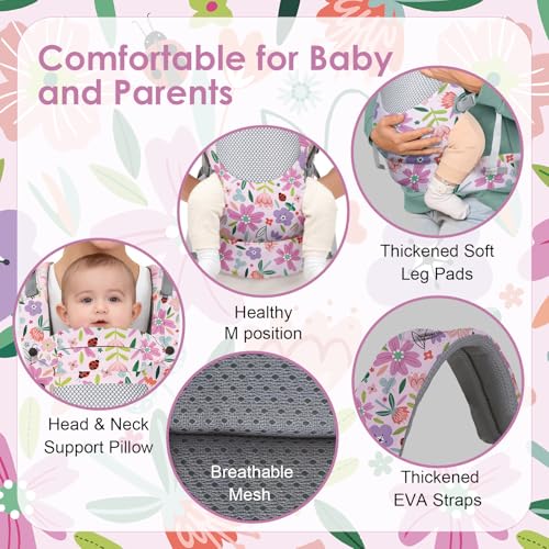 YooxArmor Baby Carrier, Ergonomic, Cozy, Breathable & Lightweight Infant Carriers for 7-66lbs with Lumbar Support, Easy to Wear Hands Free Embrace Toddlers Carrier for 3-36 Months, Flowers - Thumbnail 3