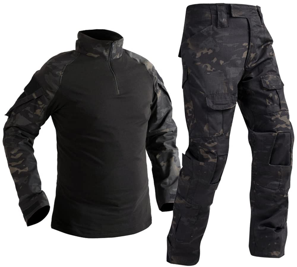 Uugood Military T-Shirt Trouser Combat Shirt Suits Camouflage Long Sleeve Uniform Sets Tactical Shirt Suits for Airsoft Paintball Hunting, Black Night, S