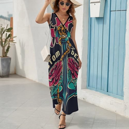 Robe longue d'été sans manches voile de rose col V maxi décontracté
