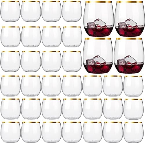 eventpartener 32 Pack Disposable Stemless Wine Glasses, 12 OZ Plastic Wine Cups, Gold Rim Unbreakable Wine Glasses, Whiskey Cocktail Glasses, Shatterproof Clear Drinking Glasses for Party, Wedding
