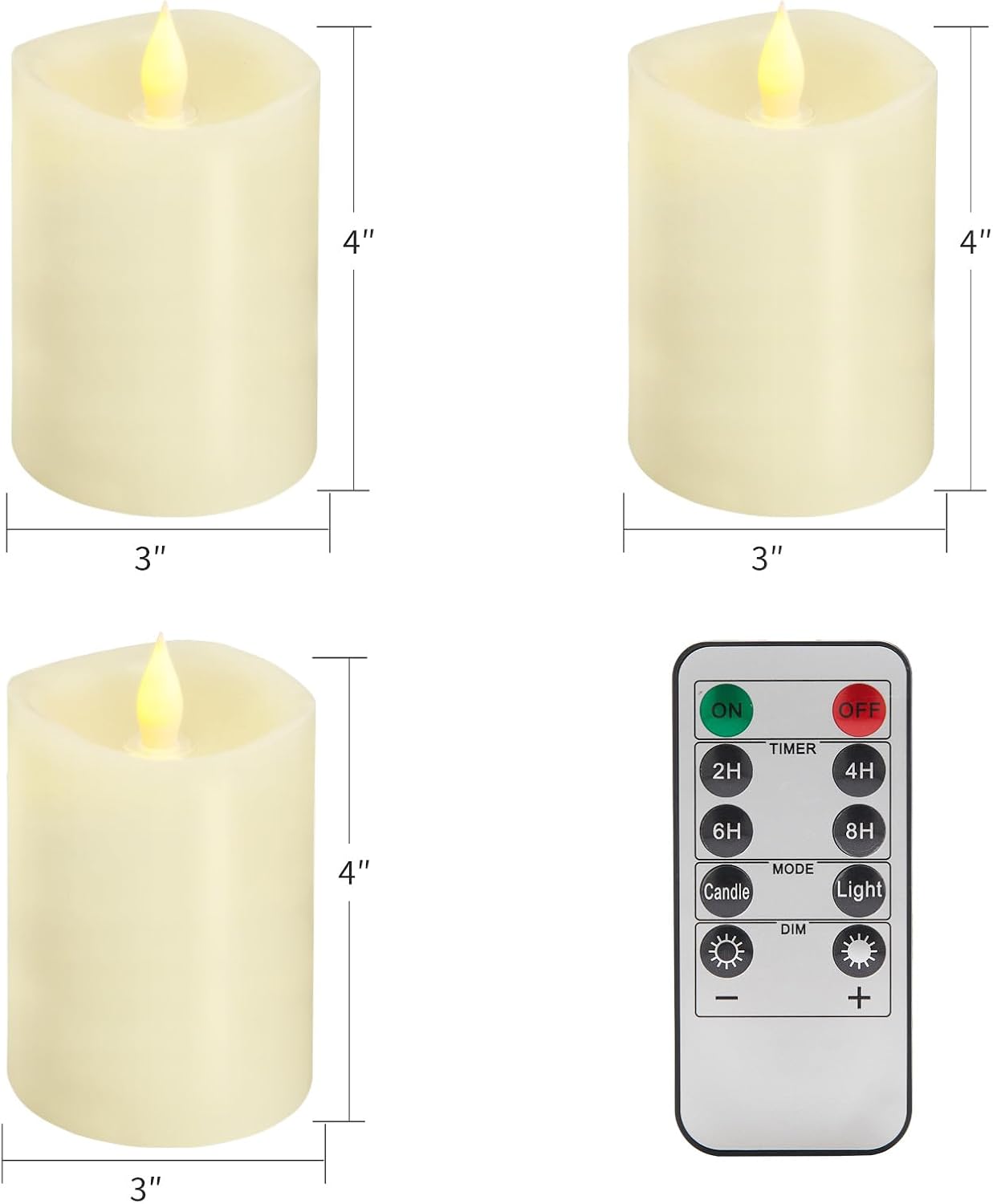 3x4 Flickering Flameless Candles Set of 3, 2AA Battery Life 600 Hours Battery Candles Flickering with Timer,4 inch Flameless Candles with Remote for Indoor/Outdoor, Ivory
