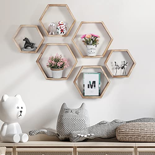 Sehertiwy Hexagonal Floating Shelves Wall Mounted Set Of 6 Wood Farmhouse Storage Honeycomb Wall Shelf For Bathroom, Kitchen, Bedroom, Living Room, Office,Driftwood Finish (Fire Roast) #TOP1