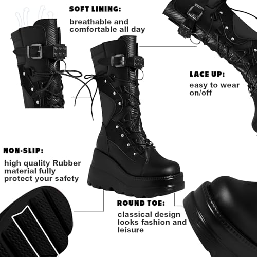 Tscoyuki Womens Goth Platform Boots Chunky Wedge Heel Rave Combat Boots Lace Up and Zipper Round Toe Mid Calf Boot for Concert Festival2
