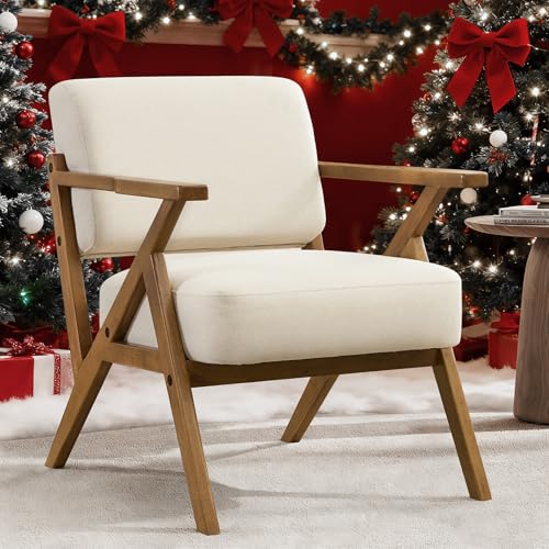 FriFurne Mid Century Modern Chair Beige Accent Chair Upholstered Armchair