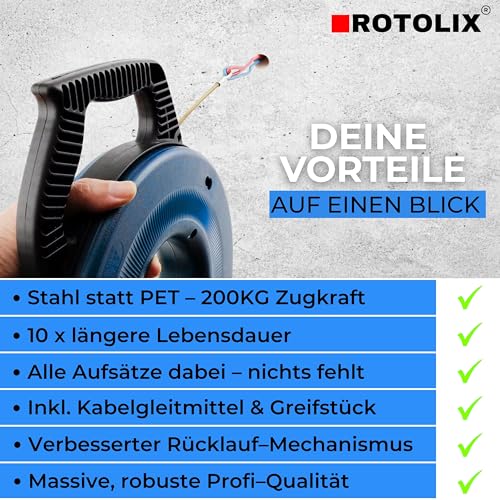 ROTOLIX® Kabeleinziehhilfe – Einziehspirale, 30m Kabel Einzugshilfe für Leerrohr mit Premium-STAHL-Seil & 200 KG Zugkraft | Einziehhilfe – Zugdraht für Elektro & Glasfaser