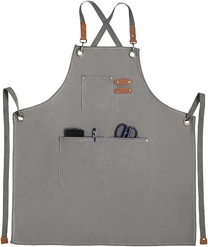 Delantal de chef para mujeres y hombres con bolsillos, delantal de jardinería ajustable de lona de algodón con espalda cruzada