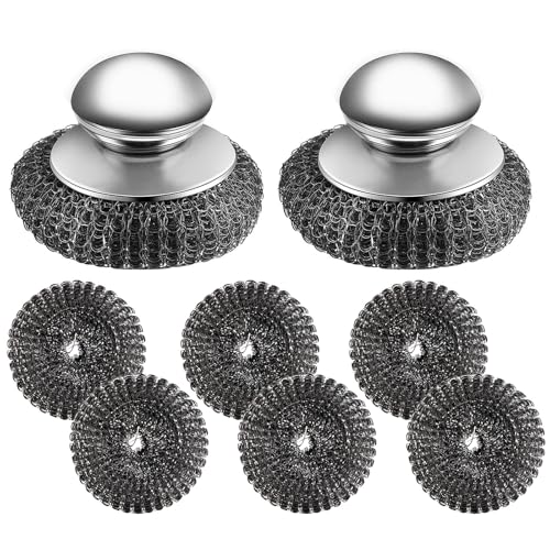 8Pcs Steel Wool Scrubber,Stainless Steel Scrubber,Metal Scrubber,Steel Scrubber for Dishes,Stainless Steel Wool Scrubber with Handle, for CleaningKitchen Pots, Pans, Stove Sinks,(2 Scrubber+6 Pads)