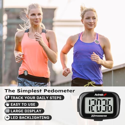 AVTREK Step Counter with Clip and Lanyard, 3D Pedometer with Time Display and LED Backlight, Simple Step Counter for Walking Running, Men Women Elder(Black) - 3
