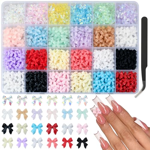 UWETIME 800Pcs 3D Resin Bow Nail Charms 4 Styles 24 Colors Bow Charms for Nails Decoration with Tweezers Tool