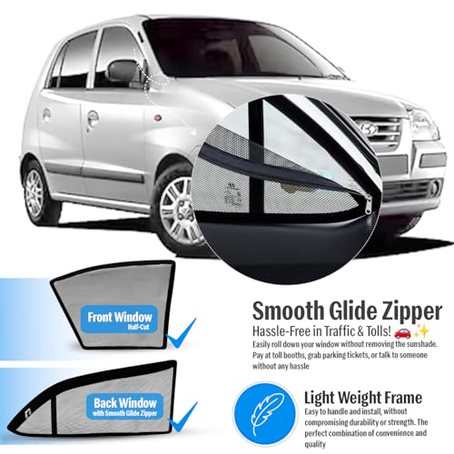 Image of Autofact Magnetic Car Sunshades Compatible with Hyundai Santro Xing (2003 to 2018) (Set of 4) - Easy Installation, UV Protection (Front 2 Half-Cut for Side Mirror Visibility, Rear 2 with Zippers)