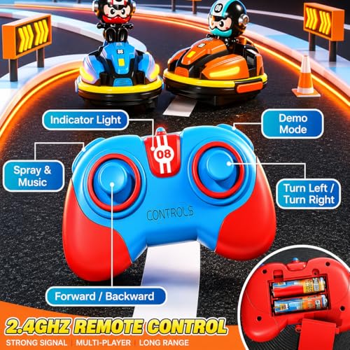 Image of RC Bumper Cars - 2 Player Remote Control Go Kart Cars with Crash Eject Drivers, Water Spray, 360 Rotation, Lights & Music, Rechargeable Kids Toy