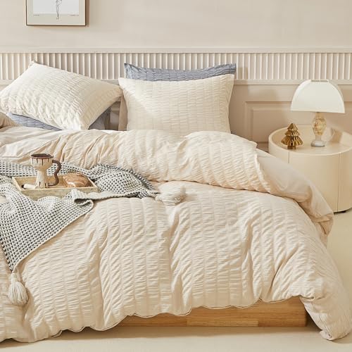 WARMDERN Duvet Cover Set Queen Size, 3pcs Washed Microfiber Beige Bedding Set, Soft Breathable...