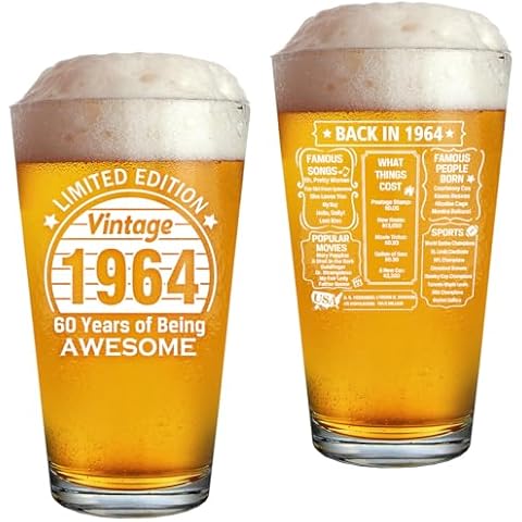 QUPT 60th Birthday Gifts for Men Women Friends, Vintage 1964 Printed 16oz Beer Glass - Funny 60 Year Old Presents - Back in 1964 Old Time Information Cover