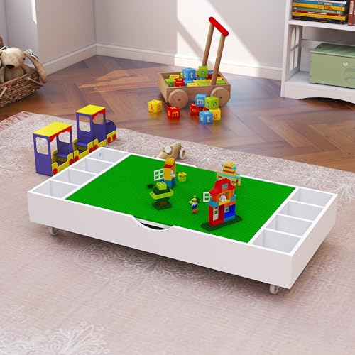 OQSC Wooden 2 in 1 Construction Rollaway Kids Activity Table with Storage, Play Rolling Game Table with Wheels, Block Board, Conveniently Stores Under The Sofa, White