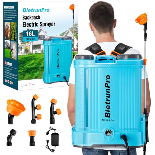Backpack Sprayer 4 Gallon with Mixer, 100 PSI Powerful Pressure Pump Battery Powered Weed Insecticide Sprayer, Spray of 4 Hours, Telescopic Wand, 5 Nozzles, Ergonomic Backpack, for Lawn Garden, Farm