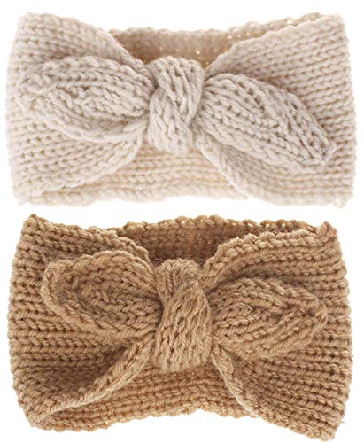 Utaly Winter Cute Kids Baby Girls Knit Rabbit Knotted Headband Headwrap Earwarmer (Tan +Beige, Stretchy)