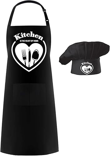 Miniatura 9 de Hyzrz Juego de sombrero de delantal de chef, sombrero de chef ajustable y delantal para panadero, con bolsillo para cocina, parrilla, barbacoa,