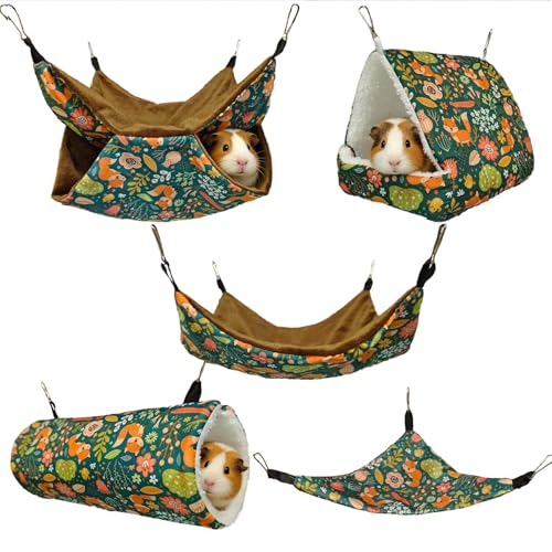 kathson 5 PCS Guinea Pig Hammock Set, Washable Rat Hammock, Guinea Pig Hideout Bed Soft Hamster Hanging Tunnel Mats Small Pets Cage Accessories for Chinchilla, Sugar Glider, Squirrel(Green)