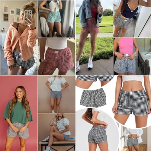 Image of Women Pajamas Shorts Y2k Elastic Waist Plaid Boxer Shorts Cute Gingham Sleep Lounge Bottoms
