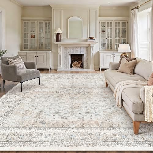 PureCozy Teppich Wohnzimmer 240x300cm Vintage Waschbarer Beige Tepich | Rutschfest Kurzflor,Weich Cream Teppiche,Wohnzimmerteppich,Schlafzimmer,Esszimmer,Büro,Kinderzimmer