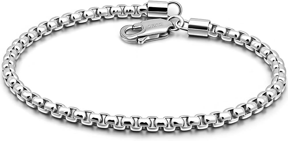 Solid 925 Sterling Silver 3mm Round Box Chain Bracelet Cable Chain with Lobster Clasp, 6.3" to 9" Length for Men & Women