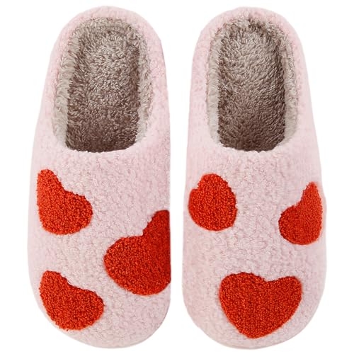 Image of Women's Men's Cute Fuzzy Heart Slippers Memory Foam Fluffy Couple Slippers Cozy House Indoor Outdoor Shoes