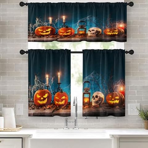 Tayney Halloween Kitchen Curtains Pumpkins Window Curtains Valance and Tier Set 36 Inch, Wooden Planks Rod Pocket Short Tier Curtain for Room, Spooky Small Cafe Kitchen Decor Cover