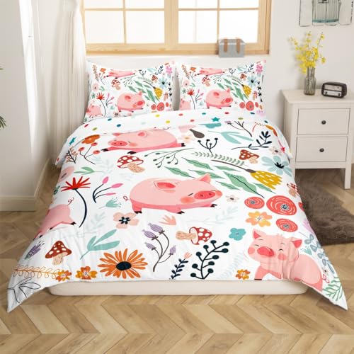 Erosebridal Kawaii Pink Pig Duvet Cover Mushroom Floral Twin Bedding Sets for Boys,Cartoon Animal Comforter Cover Watercolor Flowers Leaves Toddler Bed Set for Girls Kids Children,Cute Room