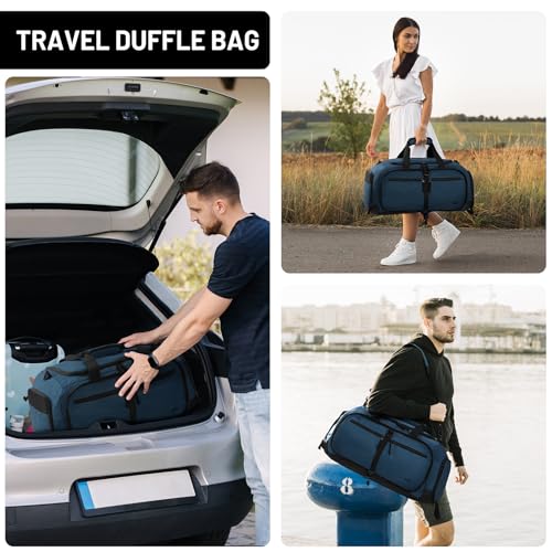 MIER Foldable Duffle Bag with Shoe Compartment 50L Travel Duffel Bags for Men Women Packable Overnight Bag for Camping Gym Weekender, Drak Blue