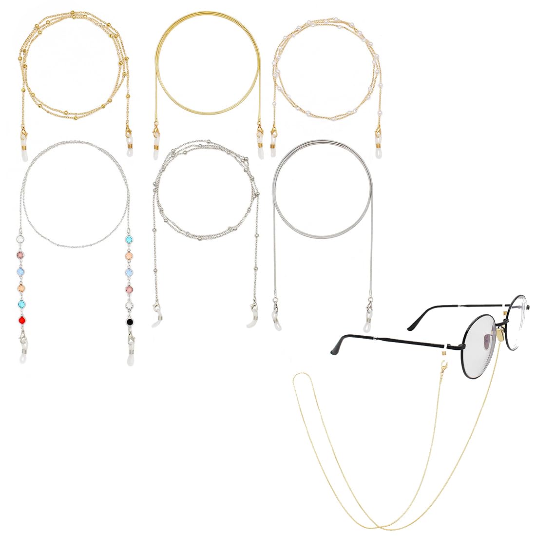 ZKSXOA ZKSXOA 6pcs Cadena de Gafas de Sol de Acero Inoxidable con Cuentas para Gafas de Sol, cordón para Gafas, Correa para el Cuello para Mujer