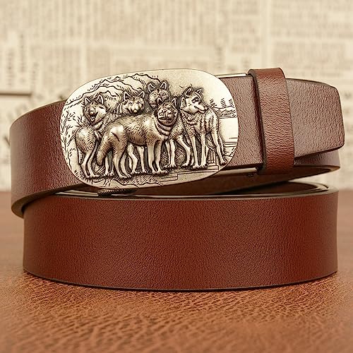 Men's Leather Ratchet Belt With Western Wolf Engraved Automatic Buckle For Dress Pants2