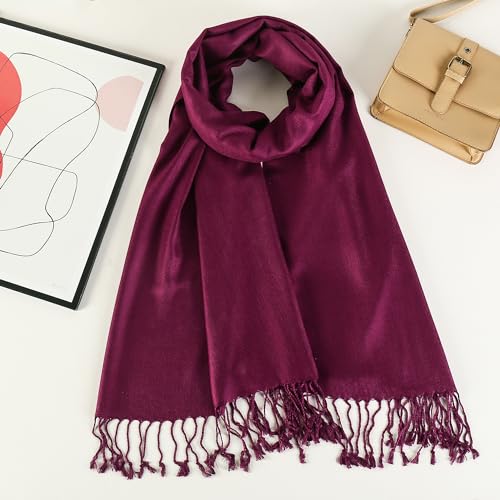 Solid Color Pashmina Silky Scarf Shawl Wrap Twill Woven Soft Large With Fringes2