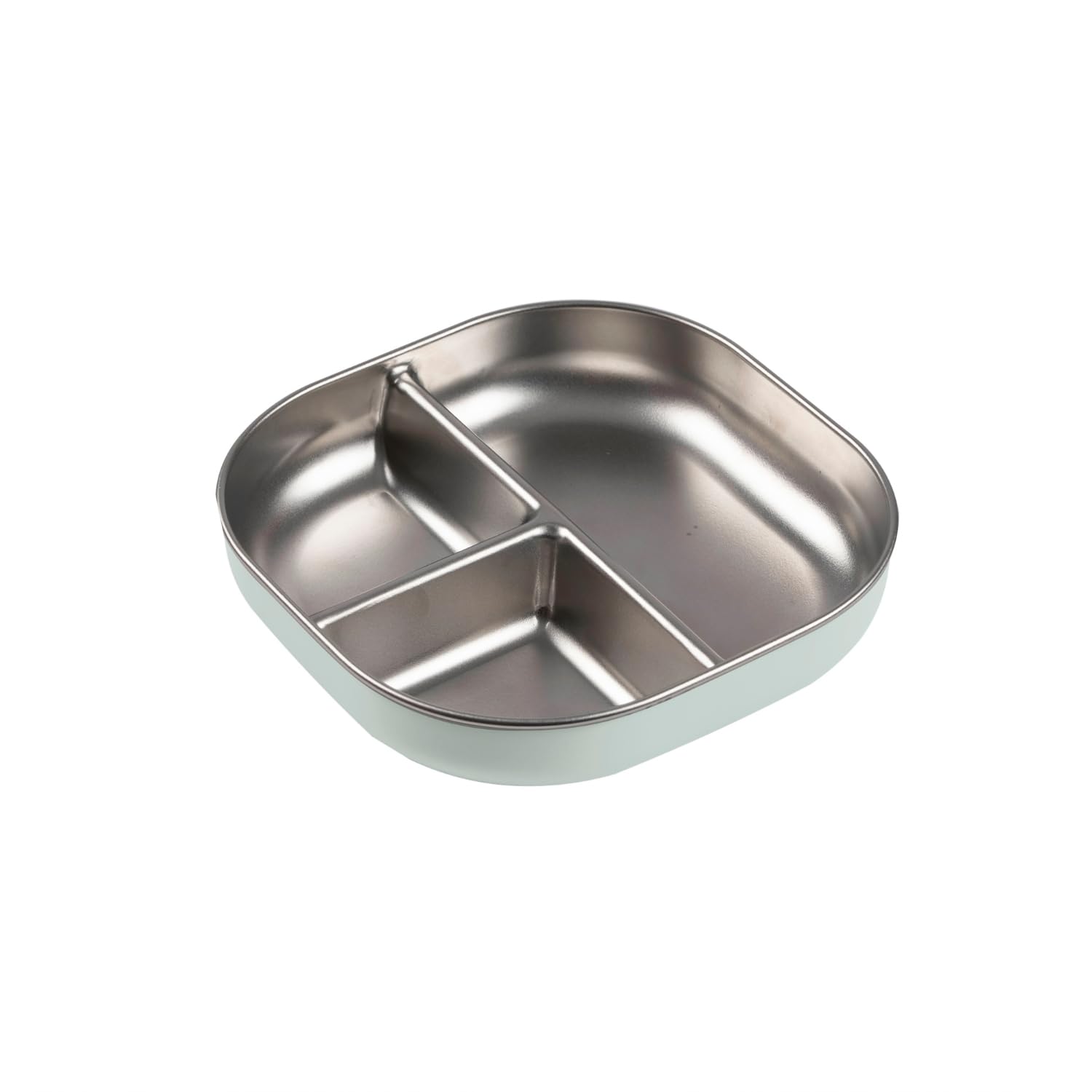 BÉABA, Microwave-Safe Stainless Steel Divided Baby Plate – Non-Slip with Silicone Sleeve, Shatterproof, Ergonomic High Edges, Dishwasher Safe, Blue Grey