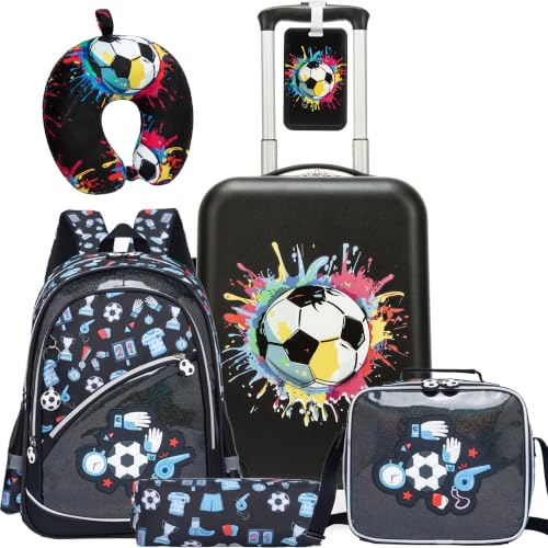 Homskiii Kids Carry on Luggage Set 5 Piece Kids Luggage with Wheels 16" Toddler Suitcase for Boys Airline Approved (Football)
