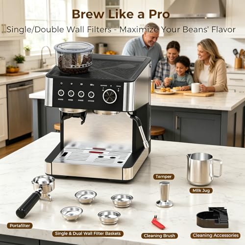 Image of Electactic Espresso Machine with Grinder,Expresso Coffee Machines, Professional Coffee Maker for Latte & Cappuccino with Milk Frother, Expresso Machines for Home,Steam Wand-Black /Silver